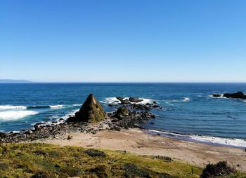 Scenic view of sea against clear blue sky