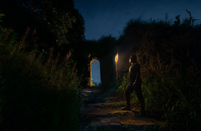 Rear view of man standing in forest