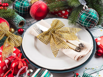 High angle view of christmas decoration on table