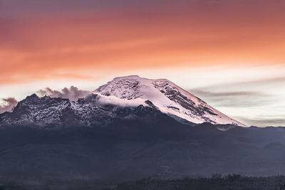 Snowcapped mountains against sky during sunset