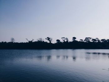 Scenic view of calm lake against clear sky