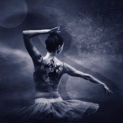 Digital composite image of woman dancing against black background