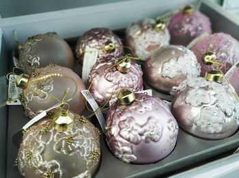 Close-up of christmas decorations on table