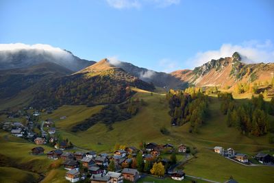 High angle view of mountains against sky