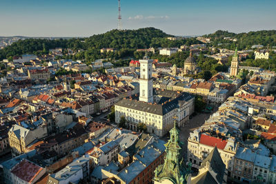 High angle view of buildings in city