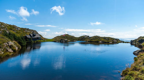 Scenic view of lake against blue sky