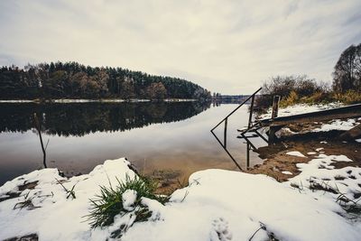 Scenic view of lake against sky during winter