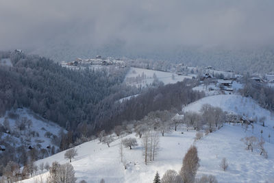 High angle view of snow covered landscape