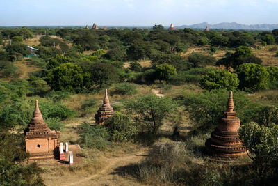 Panoramic view of traditional pagodas in green fields of bagan