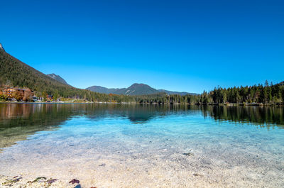 Scenic view of lake against clear blue sky