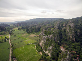 High angle view of trees on landscape against sky