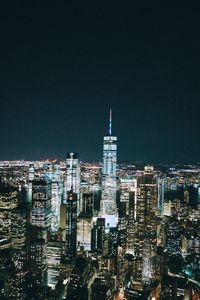 View of city lit up at night