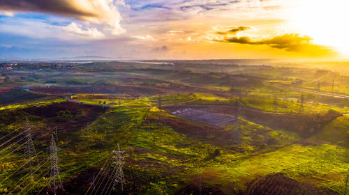 High angle view of landscape against sky during sunset