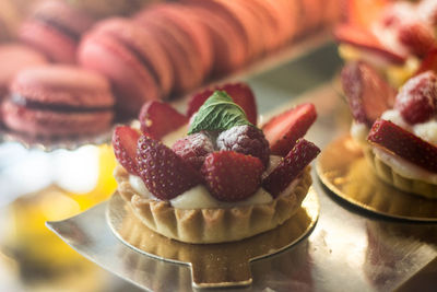 High angle view of strawberry tart for sale in shop