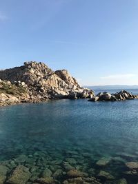 Scenic view of sea against clear blue sky