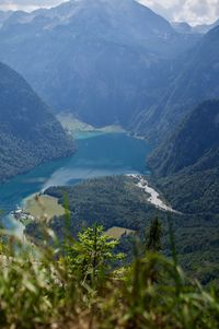 High angle view of snowcapped mountains against sky