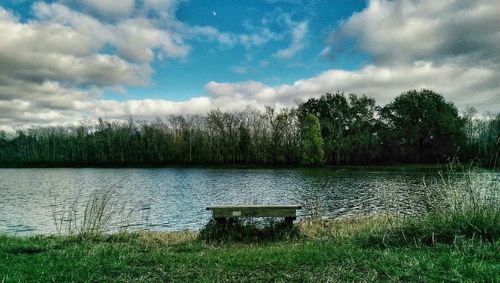 Scenic view of lake against cloudy sky