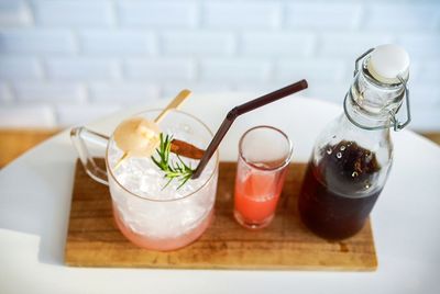 High angle view of drink on table