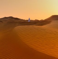 Rear view of person standing in desert against clear sky during sunset