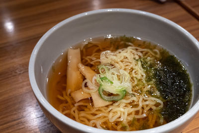 High angle view of soup in bowl on table