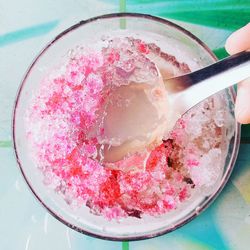 High angle view of ice cream in bowl on table