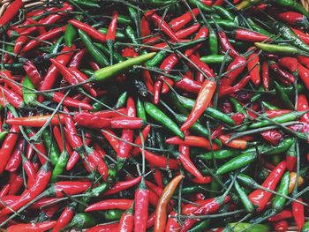 High angle view of chili peppers for sale at market stall
