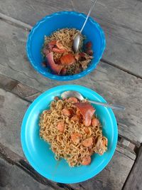 High angle view of breakfast served on table