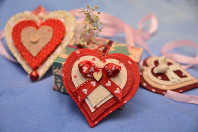 Close-up of heart shape decorations on table