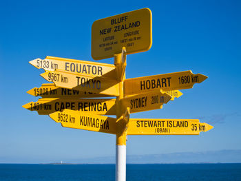 Low angle view of road sign against clear blue sky
