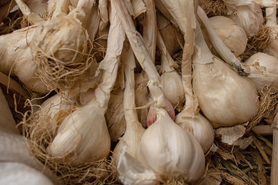 High angle view of garlic for sale in market