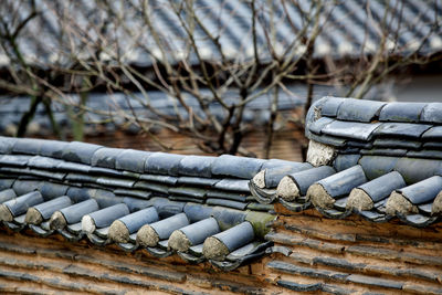 High angle view of roof tiles against house