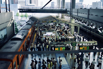 High angle view of people on street in city