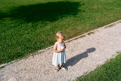 High angle view of boy standing on grass