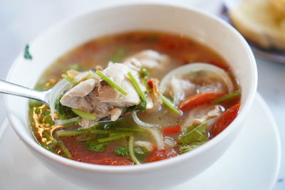 Close-up of soup in bowl on table