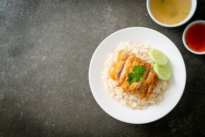 High angle view of food in plate on table