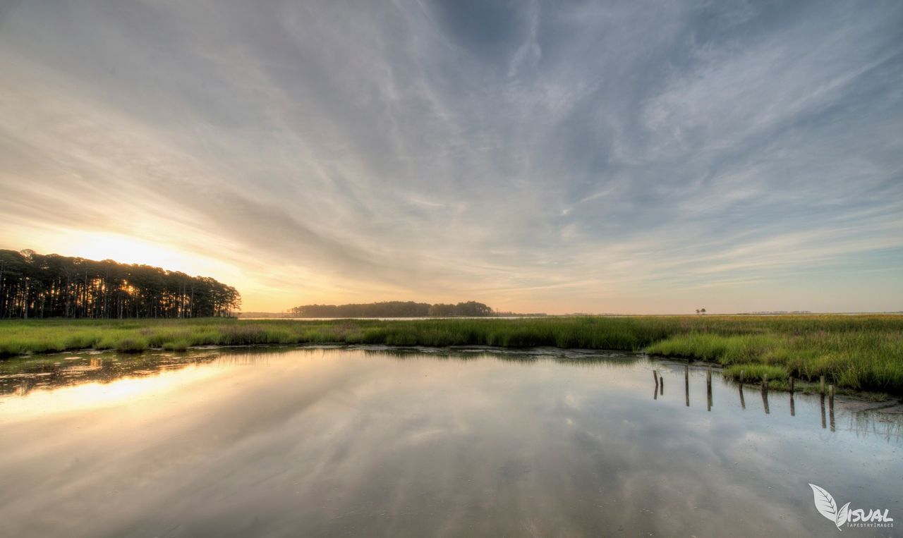 tranquil scene, tranquility, water, scenics, sky, reflection, beauty in nature, lake, nature, cloud - sky, landscape, cloud, tree, idyllic, waterfront, grass, sunset, field, cloudy, growth