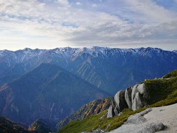 Scenic view of snowcapped mountains against sky