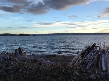 Scenic view of lake against cloudy sky