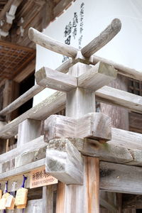 Low angle view of cross hanging outside building