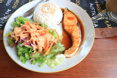 High angle view of breakfast served on table