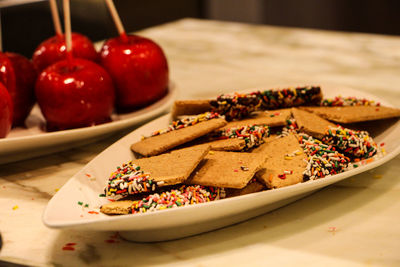 Close-up of dessert in plate on table