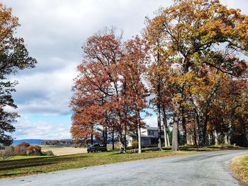 Road by trees against sky during autumn