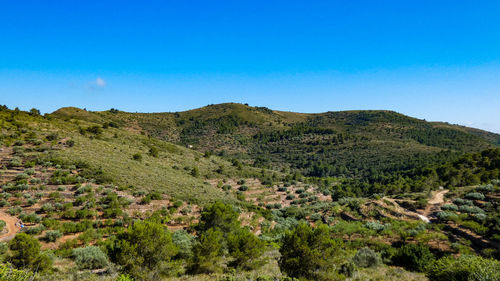 Scenic view of mountains against clear blue sky