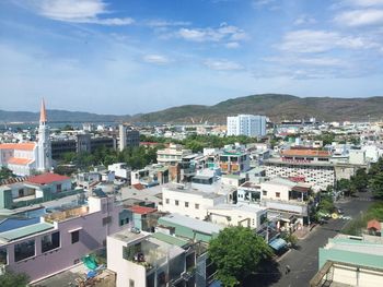 High angle view of houses in city