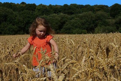 Girl walking amidst wheat field