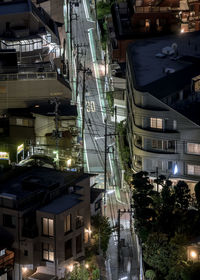 High angle view of illuminated buildings at night