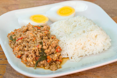 High angle view of breakfast served in plate