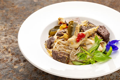 High angle view of food in plate on table
