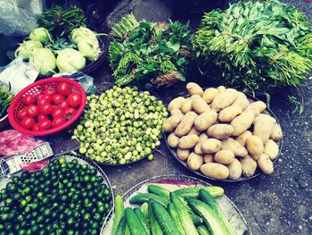 High angle view of fruits for sale in market