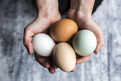 Different eggs, white, brown, light brown and green eggs